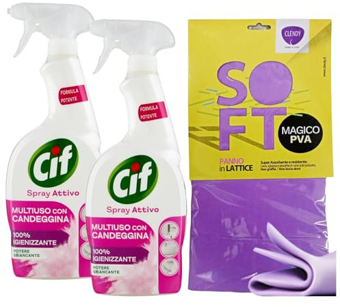 SET: Detergente Spray Attivo MULTIUSO Con CANDEGGINA, Potere Sbiancante, 100% Igienizzante 650ml + Panno In Lattice SOFT, Formato 30x30 (2 Spray+Panno Lattice)