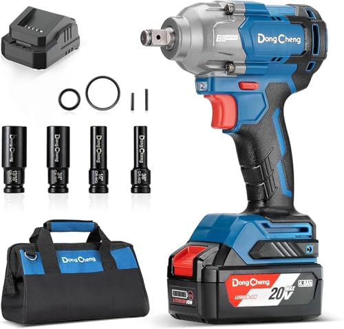 Dong Cheng 20V Cordless Impact Wrench, Max Torque 488N.m (360 ft-lbs), 1/2 inch with 3 Mode Speed, 2400 RPM Brushless Impact Gun, Includes 4.0Ah Battery, Charger, 4 Impact Sockets and Storage Box