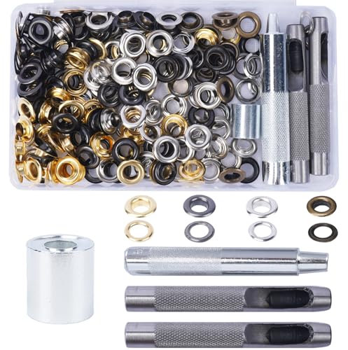 FOGAWA 140 Sets Kit de Ojales Metalicos de 8mm en 4 Colores Kit de Herramienta de Ojetes con juego de herramientas Ojetes Metalicos para Tela, cuero, Manualidades, lonas, Carpas, Toldos
