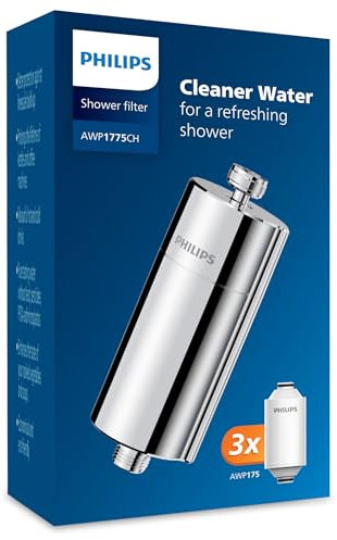Philips Water in-Line Shower Filter and 3 Replacement cartridges, 50 000 L Filtration Capacity, Chrome, Reduces Chlorine by up to 99%, Easy to Install, fits All Standard Hoses and taps