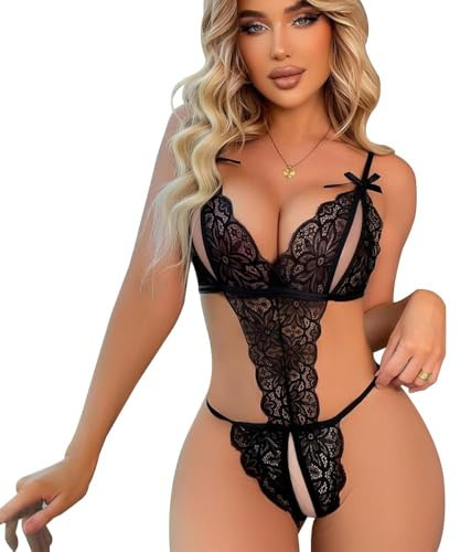 XFSRG Body Femme Sexy Dentelle Florale Col V Profond Tenue Dos Ouvert sous Vêtements de Nuit Transparent Erotique Nuisette pour La Saint-Valentin Anniversaire（Noir L）