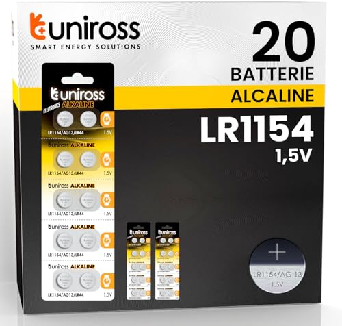20 Batterie a Bottone LR1154 AG13 LR44 per Orologi Termometri Digitali Giocattoli Calcolatrici - Uniross Pile Alcaline 1,5V Piccole Sottili a Lunga Durata di Alta Qualità