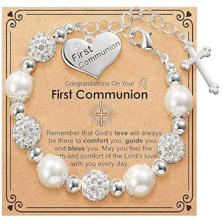 MOTIBACK Cross Bracelet for Girls - Adjustable First Holy Communion Gift White Pearl & Heart Jewelry with Card for Christening Easter Confirmation Birthday Wedding Christmas