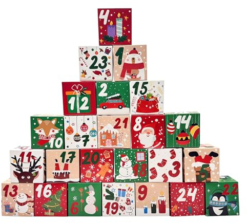 Calendario de Adviento para Rellenar - Pack de 24 Cajas de Regalo con Motivos Navideños en Verde y Rojo, Perfectas para Sorpresas y Dulces, Ideal para la Temporada de Adviento