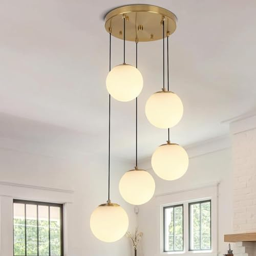 LYSDjia 5-ljus klusterkrona i glas mid-century borstad guldfärgad hänglampa med mjölkvitt glas modern klusterpendellampa for trappa matsal vardagsrum justerbar höjd