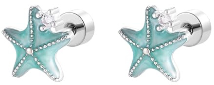20G Kristall Seestern Ohrstecker Blau Emaille Seestern Knorpel Ohrring für Damen Herren Hypoallergen Edelstahl Tragus Helix Piercing Winziger Schläfer mit flachem Schraubverschluss