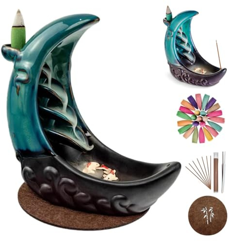 JUYUANDE Backflow incense burner, Fontana brucia incenso in ceramica, con 100 coni di incenso a riflusso + 30 bastoncini di incenso + 1 pinzetta + 1 tappetino, per la decorazione della casa (M)