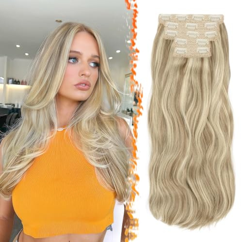 BARSDAR Clip i hårförlängningar blond, 50 cm vågigt lager klipp i hårförlängningar för kvinnor, 5 st spets peruk full syntetisk hårdel, hårförlängning – smutsig blond balayage