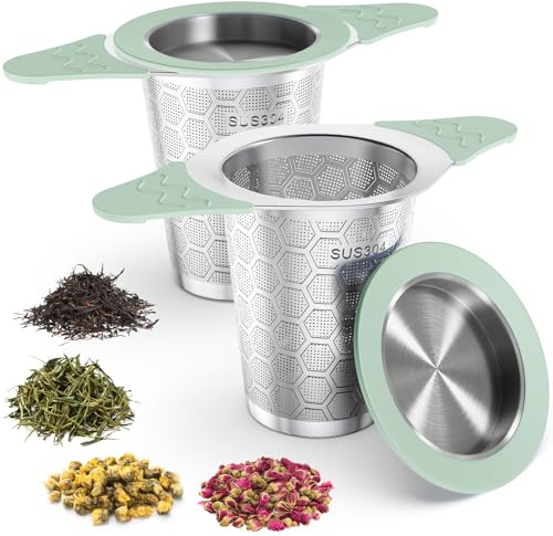 Yomanta Infusor de Te 2 Piezas - infusionador de Acero Inoxidable 304, filtro te con asa y tapa de silicona, Malla fina de 0,4 mm, colador te para tazas y teteras - verde