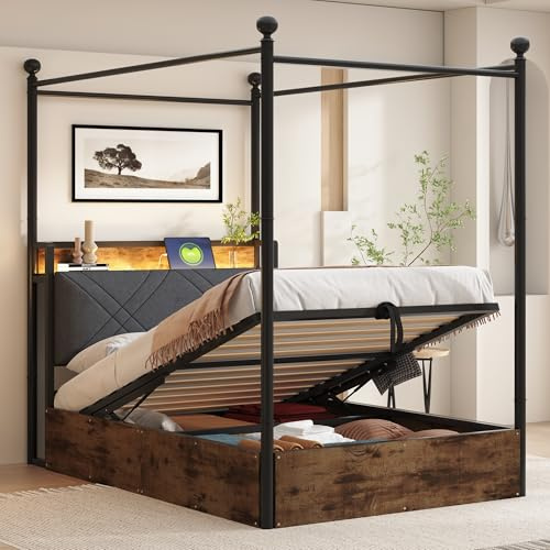 HaoChrymec Lit Simple Multifonctionnel en Fer Forgé 90 x 190 cm avec Rangement Hydraulique, Baldaquin en Fer Forgé, Poteaux Amovibles avec LED et USB/Type-C, Lit pour Enfants et Adolescents, Noir