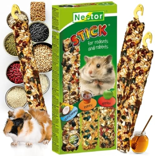 Large Pack with Three Seed Sticks Hamster and Rabbits Food BANANAS/COCONUT/HONEY/APPLES Nibbling Treats Rodents Chinchilla Guinea Pig Rat Mouse Gerbil Animal Pet 3in1 Degu Chew Snacks