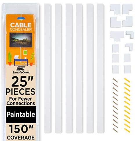 SimpleCord Cable Concealer On-Wall Cord Cover Raceway Kit (White)