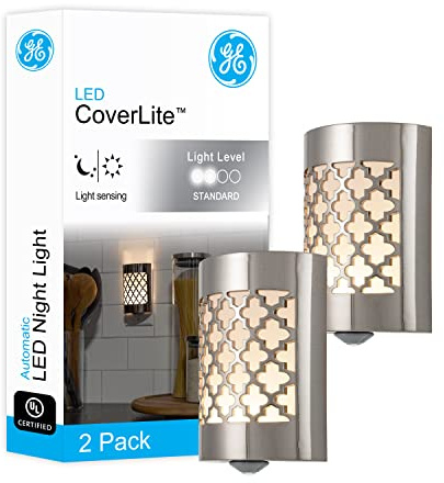 GE CoverLite LED Night Light, Plug-in, Dusk to Dawn Sensor, Home Decor, LED Lights for Bedroom, Bathroom, Kitchen, Hallway, 2 Pack, 46815, Brushed Nickel | Moroccan