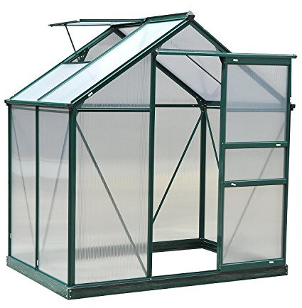 Outsunny 6 x 4ft Polycarbonate Greenhouse, Large Walk-In Green House with Slide Door and Window, Garden Plants Grow House with Aluminium Frame and Foundation, Dark Green