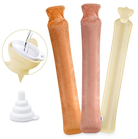 Bolsa de agua caliente larga con funda suave con 2 fundas supersuaves, bolsa de agua caliente grande de 2 litros – 73 x 13 cm de alta capacidad para el hombro y el cuello