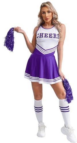 Alvivi Cheer Leader Kostüm Damen Cheerleading Uniform Schulmädchen Kleid mit Pompoms Socken Halloween Fasching Partykleid Lila S
