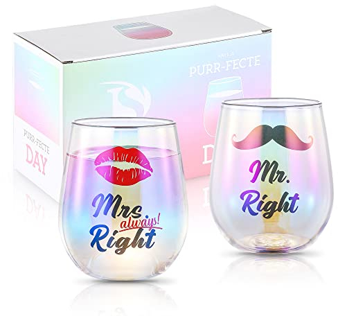 SHENDONG Mr Right Mrs Always Right Wine Glasses - Couple Gifts for Engagement, Wedding, Bridal Shower, Christmas, Valentine's Day - 2 Pack 450ml With Gift Box