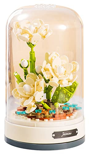 MEIEST Ensemble de Bouquet de Fleurs de Bloc avec boîte à Musique et dôme Anti - poussière, simulant Un Jouet de Bloc Artificiel, décoration de la Maison (Jasmin Blanc)