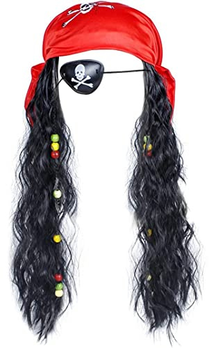Halloween Wigs Coiffures, pirate Wig Hat Pirate Costume Set Dreadlock Wig Patch Patch Bandana Pirate Captain Skull Crossbones Hair-posesces