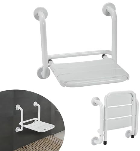 Randaco Sedia pieghevole da doccia per montaggio a parete, pieghevole a 90°, montaggio a parete, con braccioli e antiscivolo, fino a 120 kg, per anziani