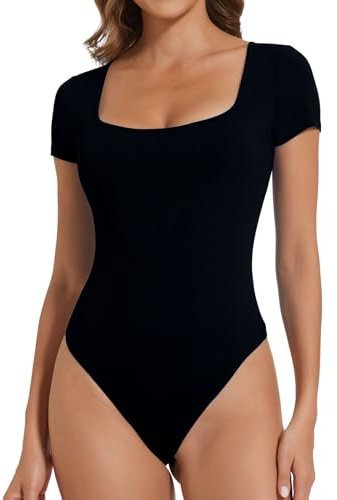 Joyshaper Damen Kurzarm Body Elegant Eckiger Ausschnitt T-shirts Ribbed Leotard Tops Sommer Bodysuit Oberteil Damenbody Stringbody Tanga Schwarz,M