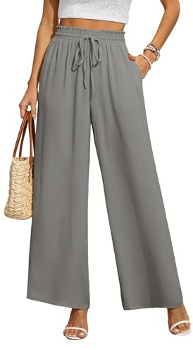BEIGAI Pantaloni da donna larghi sciolti taglio dritto palazzo pantaloni a vita alta elasticizzati lounge pantaloni eleganti con tasche, grigio., L