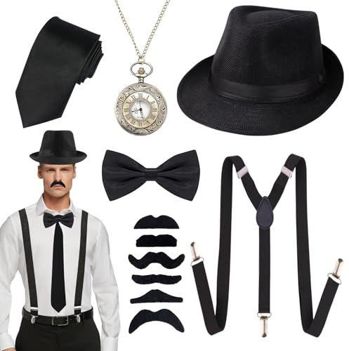 20er Jahre Kostüm Herren, Peaky Blinders Kostüm, Mafia Kostüm Herren mit Fliege, Hut, Krawatte, Schnurrbart, Taschenuhr, Hosenträger Herren, für Partys Cosplay Halloween Karneval-Herrenbekleidung