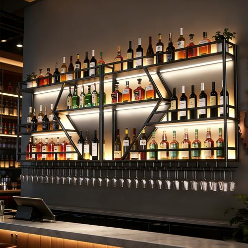 amhricho Botellero de Pared Metálico para Vinos, Moderno Botellero de Pared con Soporte para Copas, Estante para Licores y Estantes de Bar para Botellas de Licor (3 Capas Black, 160 * 20 * 85CM)