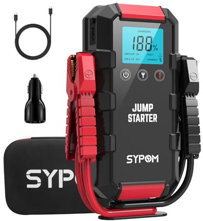 SYPOM Avviatore Batteria Auto, 6000A Avviatore Emergenza (Fino a all Gas e 12.0L Diesel), 12V Starter Batteria con Torcia a LED, Booster Avviamento Auto