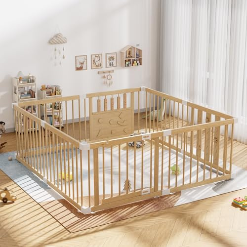 Wooden Baby Playpen, 8 Panel Play Yard with Safety Gate 64x64In