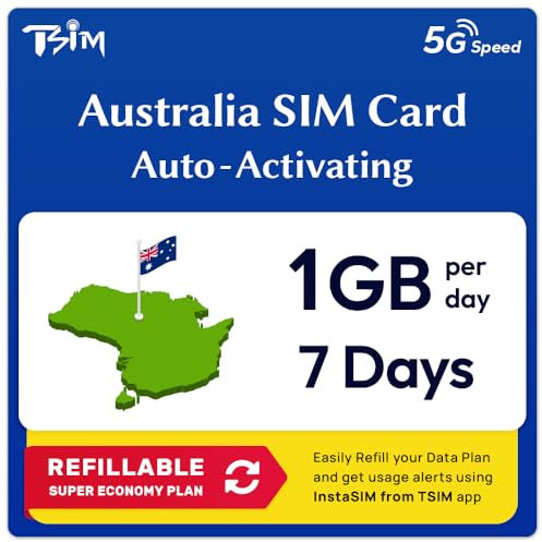 Australia Tarjeta SIM de Datos | 7 días, 1 GB/día | Activación automática | Velocidad 5G/4G | Hotspot Permitido | Sin número de teléfono | Plan Recargable a través de la App Insta Sim