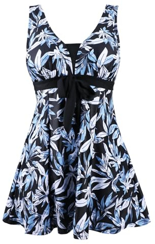 Ecupper Maillot de Bain Une Pieces pour Femme Rétro Jupe avec Volantée Contrôle du Ventre Push Up Col en V Bleue Feuille 2XL