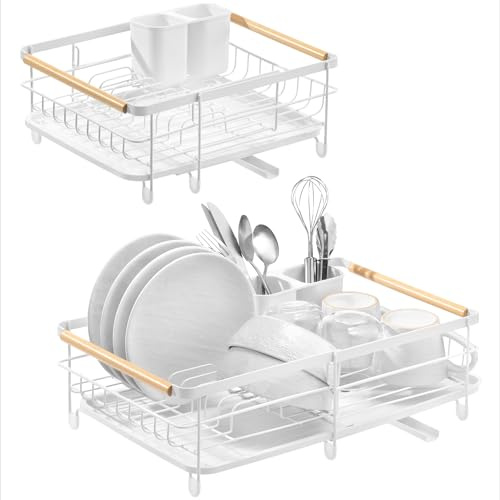 Navaris Escurreplatos Plegable - Escurreplatos Acero Inoxidable Extensible con Cesto para Cubiertos y Bandeja - Escurridor de Platos para Fregadero Blanco - 30 x 30,4 x 14,5 cm
