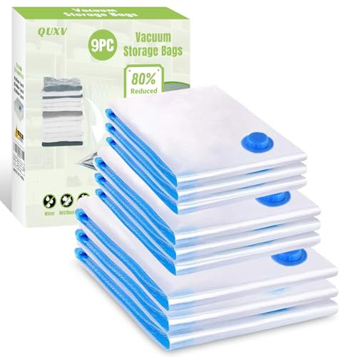 Sacchetti Sottovuoto Vestiti Buste Sottovuoto Vestiti 9 Pezzi 3XL(80x60cm) + 3L(70x50cm) + 3M(60x40cm) Sacchi Sottovuoto Riutilizzabili per Coperte Lenzuola Piumoni Cuscini