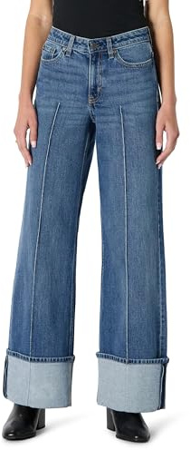 Amazon Essentials Jean Taille Haute à Jambes Larges et Revers Femme, Bleu Moyen Vintage, 42-44