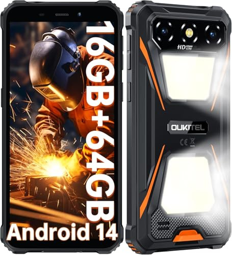 OUKITEL G5 Outdoor Smartphone Android 14 - Doppel-Campinglicht Outdoor Handy Ohne Vertrag 6300mAh, 16GB + 64GB /1TB, 6,0 Wasserdicht Handy mit 13MP + 5MP Kamera, Dual 4G SIM/GPS/OTG/Face ID/Orange