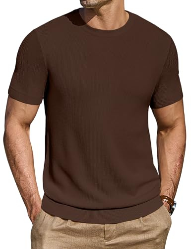 COOFANDY T-Shirts Hommes Chemise à Manches Courtes Col Rond en Tricot Pull Tricoté D’éTé Hauts à Coupe RéGulièRe Marron M