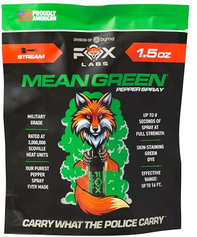 Fox Labs Mean Green Pepper Spray – 3,000,000 SHU – | 1.2% MC / 6% OC | High Purity Formula | with Green Staining Dye – Stream Spray – Maximum Strength Self Defense Spray – (1.5 OZ)