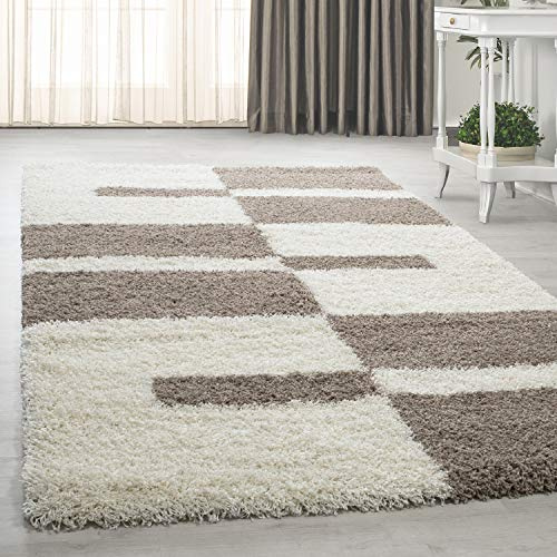 Homebyhome Lång shaggy gångmatta 80x250 cm beige creme med rutor flokati, modern och bekväm, lätt att underhålla