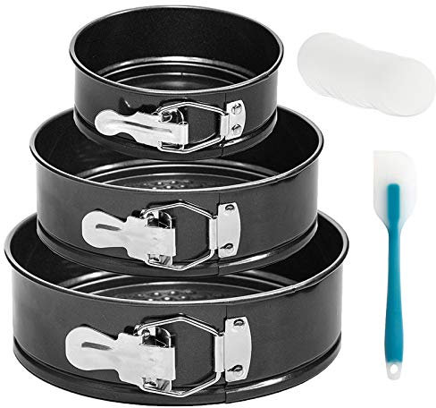 OAMCEG 3 Pcs Springform Cake Tin Set – 4/7/9 Inch Round Cake Tins for Baking – Detachable Carbon Steel Cheesecake Pan with 50 Parchment Liners & Silicone Spatula, Oven Safe & Leakproof