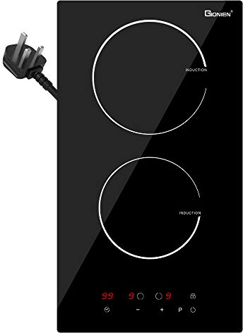GIONIEN Plug in Induction Hob 2 Rings,Domino Hobs,30cm Electric Cooktop 2800W 13 Amp, Built in Worktop,Black Glass Smooth Worktop,Double Induction Cooker GIT230SP