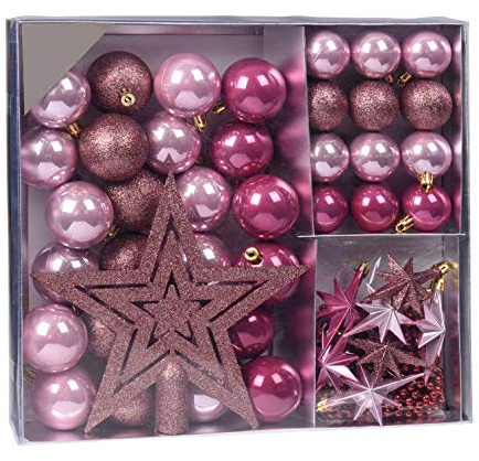 Weihnachtsbaumschmuck Set - 45 teilig in Bordeauxtönen (Bordeaux, Rosa, Kupfer etc.) - 36 Kugeln, Weihnachtsbumspitze, Dekosterne und Kette