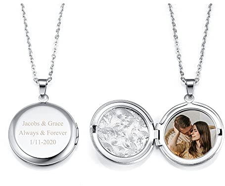 Jovivi Silver Personalised Photo Locket Necklace Women Stainless Steel Custom Necklace Engraved Picture Text Round Pendant with 22 Chain Memorial Gifts for her Girlfriend,Mom,Sister or