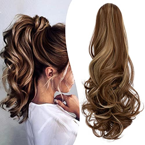 Mitrygreen Claw Clip Ponytail Extension 18 Clip in Wavy Ponytail Hair Extensions Long Pony Tails for Women Extensions Ash Blonde Mix Light Brown Wave Hairpiece