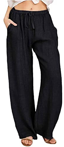 CheChury Women Linen Summer Casual Baggy Trousers Elastic Waist Drawstring Pants with Pockets Loose Fit Plain for Women UK Black