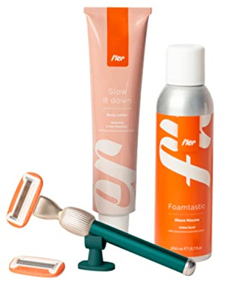 Fler Smooth Skin Set - Rasoio Donna con Supporto e 2 Lamette di Ricambio, Rasoi Unisex, Set con Mousse per la Depilazione e Crema Corpo Lenitiva, Lametta con Aloe Vera, Verde Pine