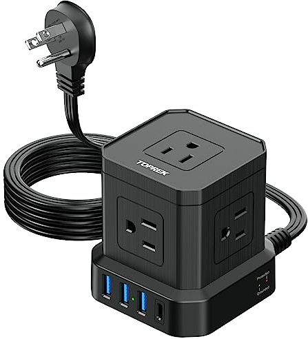 TOPREK Power Strip with USB, USB C (3.0A) Power Strip with 5 Outlets, 1 USB-C & 3 USB-A, 5 FT Flat Extension Cord with Ultra Thin Flat Plug, Surge Protector Compact for Home Office, Dorm, Hotel Travel