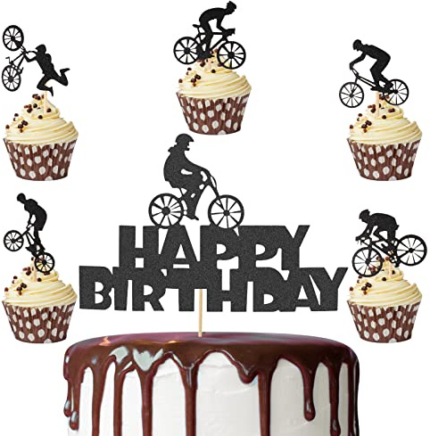 Opopark 26 unidades de decoración para cupcakes de bicicleta, purpurina, decoración para tartas, para bicicleta, temática, fiesta, deporte, decoración de tartas, cumpleaños para hombre y niño