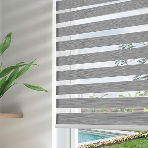 Joydeco Cordless Zebra Blinds for Windows, Dual Layer Free-Stop Zebra Shades Privacy Light Control for Day and Night, Light Filtering Sheer Blinds for Indoor Windows (Grey, 34 W x 75 H)