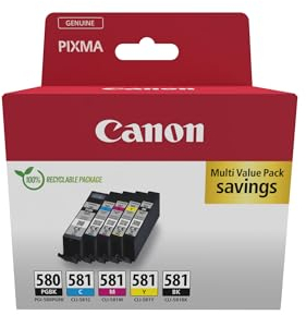 Canon PGI-580 CLI-581 BK C M Y PGBK Vorteilspack 5 Tintenpatronen (Schwarz, Cyan, Magenta, Gelb, Pigment-Schwarz) Original [Umweltfreundl. Recycle-Kartonverpackung 2024 mit Diebstahl Sicherung]